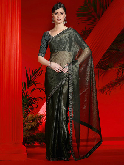 Women's Organza Olive Embellished Designer Saree With Blouse Piece
