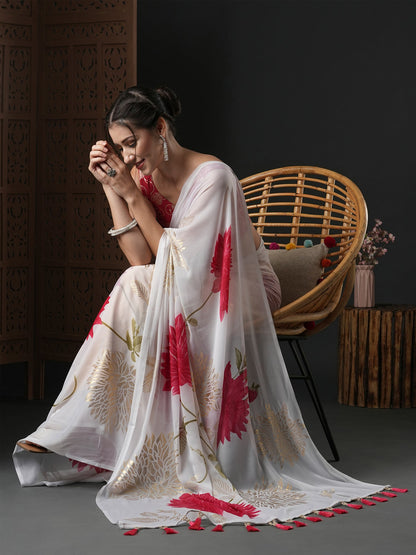 Women's Georgette White Printed Designer Saree With Blouse Piece