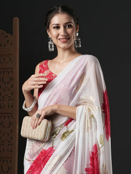 Women's Georgette White Printed Designer Saree With Blouse Piece