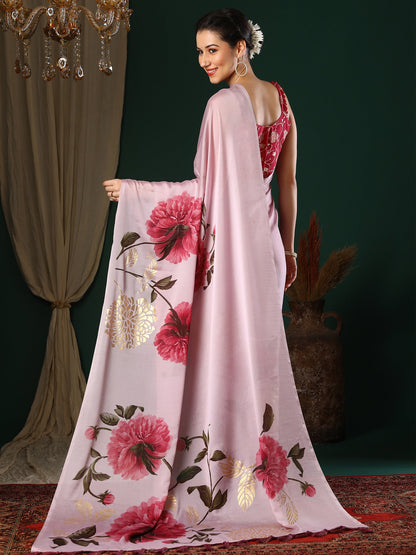 Women's Georgette Mauve Printed Designer Saree With Blouse Piece