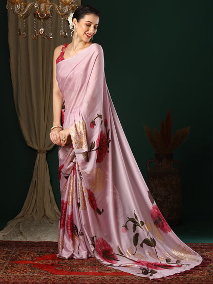 Women's Georgette Mauve Printed Designer Saree With Blouse Piece