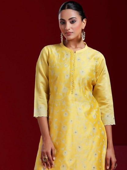 Women's LB Art Yellow Embroidered Chanderi Silk Straight Suit With Dupatta