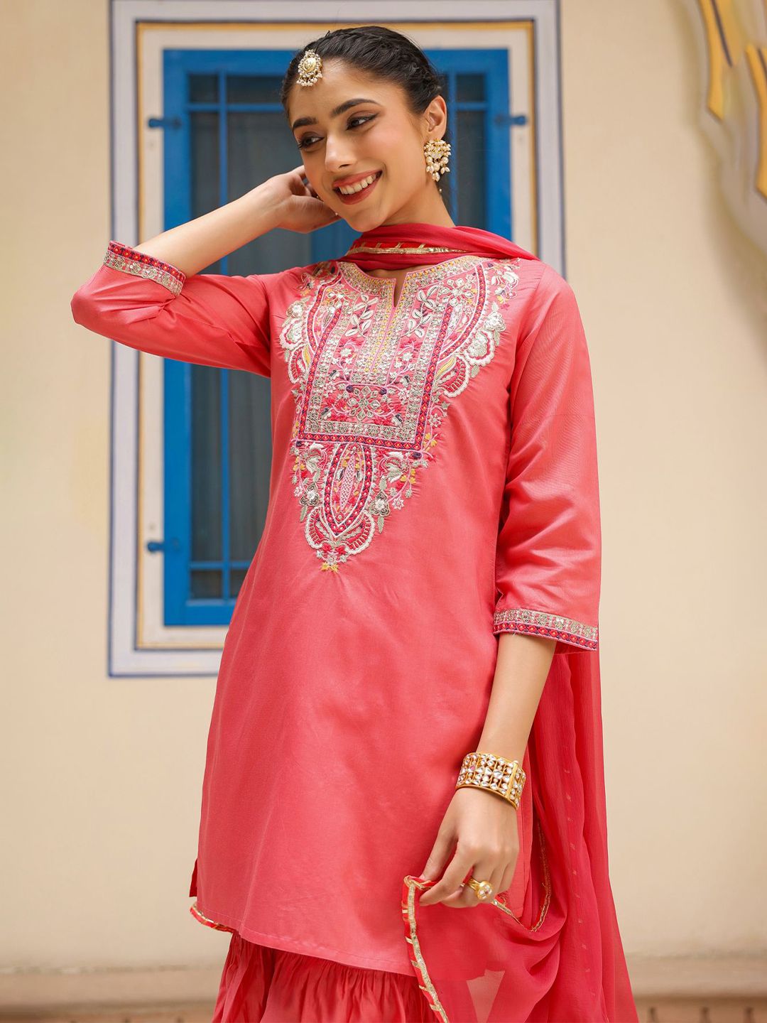 Dhiyona SC Women Coral Chanderi Silk Embroidered Kurta with Sharara & With Dupatta