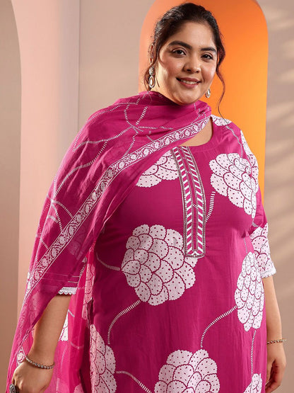 Dhiyona Women's Plus Size Floral Printed Regular Kurta with Trousers & Dupatta