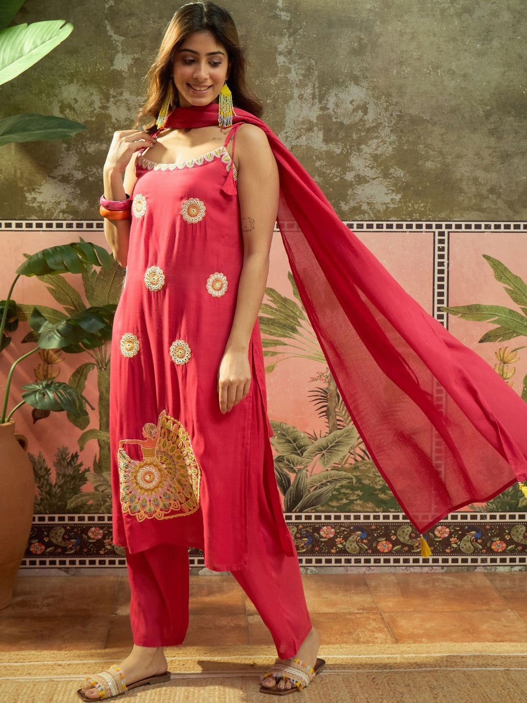 Embroidered Shoulder Straps Kurta & Trousers With Dupatta