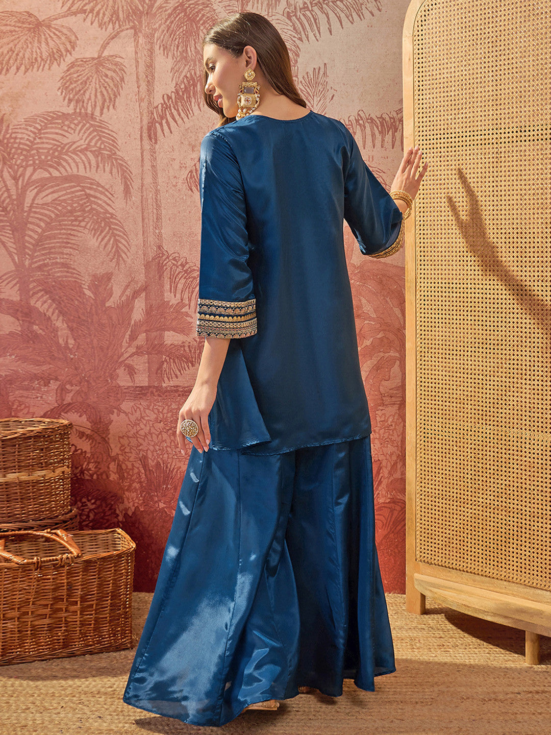 Embroidered Round Neck Kurta & Palazzos