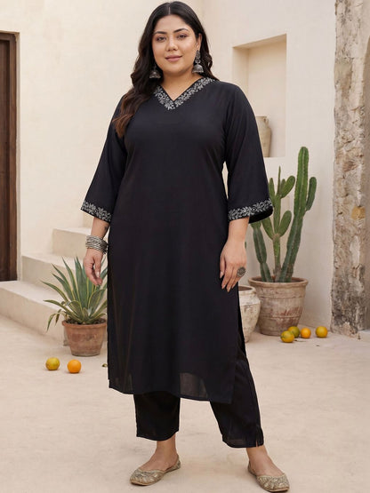 Plus Size Black Embroidered Straight Kurta Trousers Set