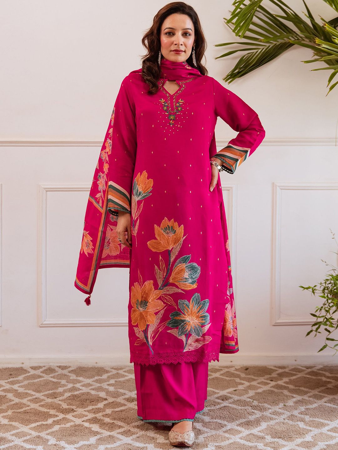 Dhiyona SN Women Floral Embroidered Kurta with Palazzo & Dupatta