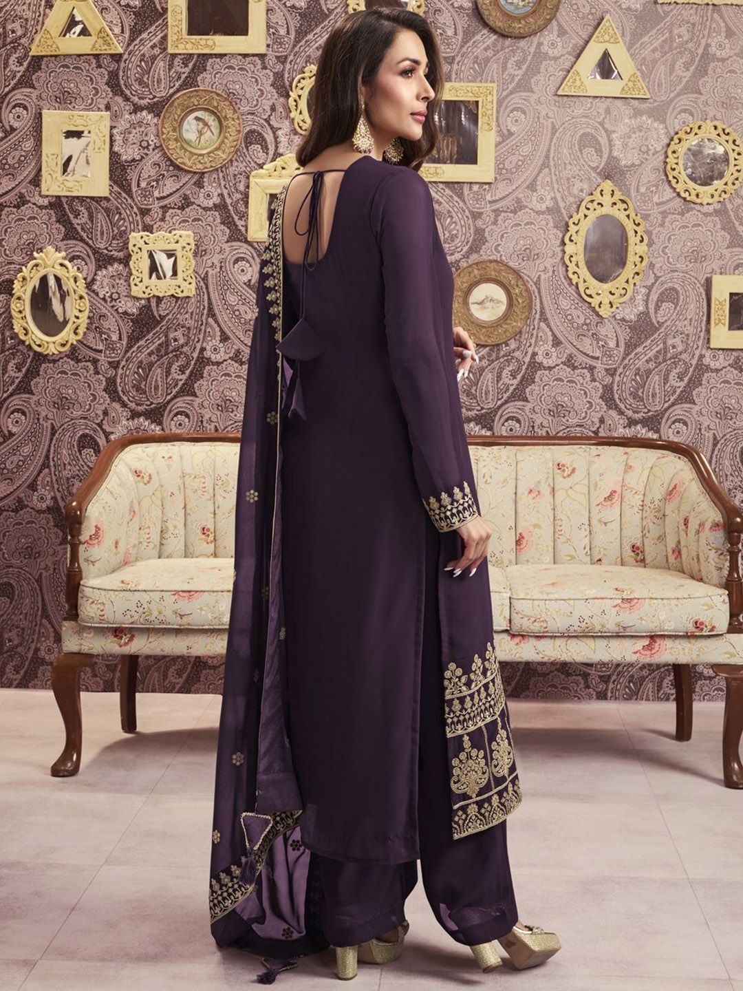 Dhiyona IN Ethnic Motifs Embroidered Georgette Straight Kurta With Palazzos & Dupatta