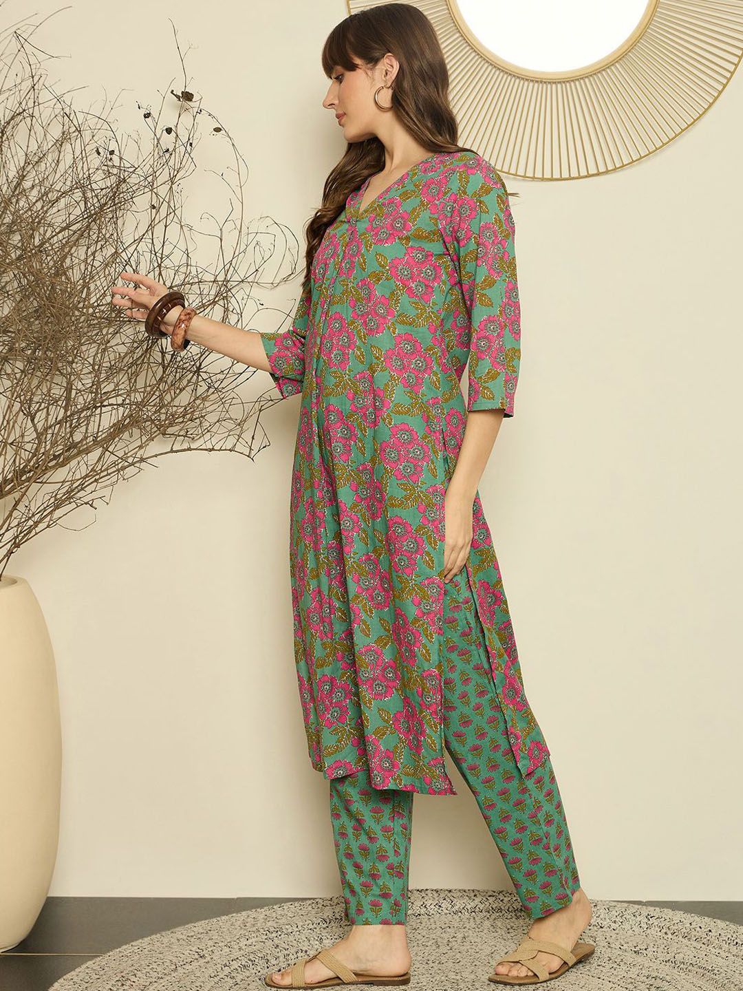 Dhiyona IE Women Printed V-Neck Cotton Top and Trousers Co-Ords