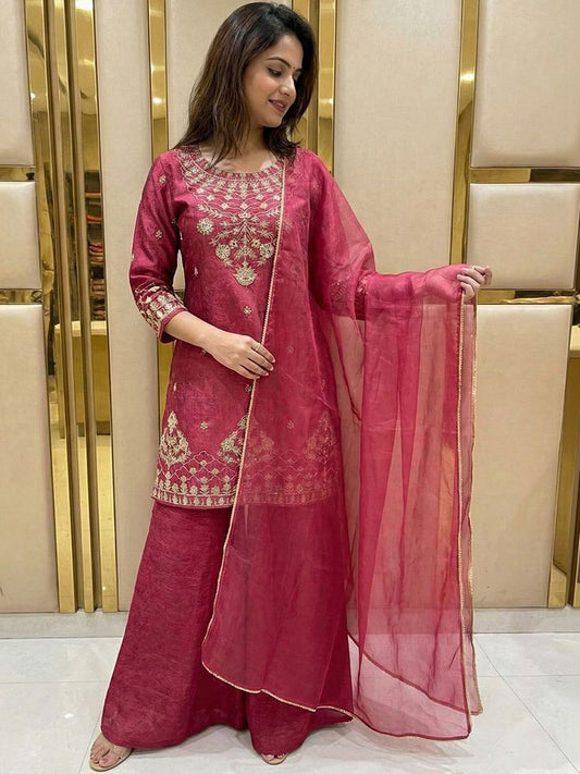 Dhiyona SN Embroidered Round Neck Kurta Trousers & Dupatta