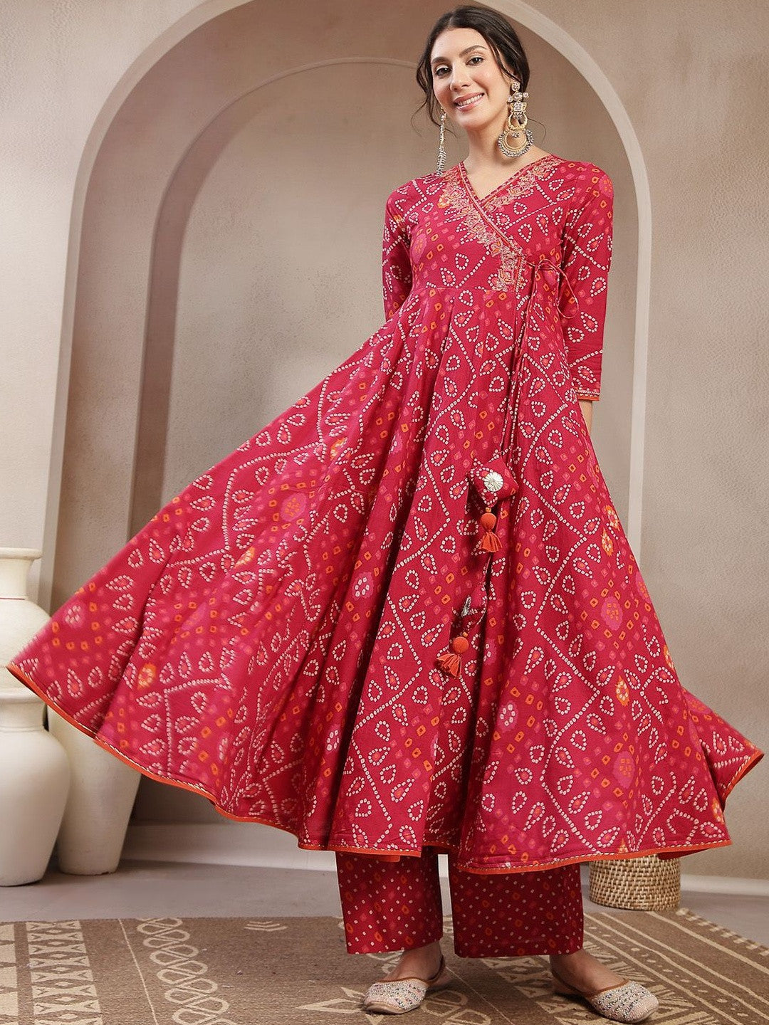 Printed Cotton V-Neck Kurta & Palazzos With Dupatta