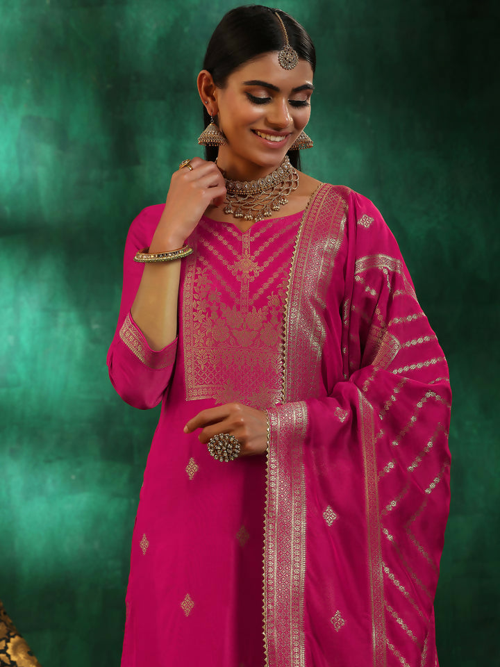 Women's LB Pink Woven Design Silk Blend Straight Suit With Dupatta