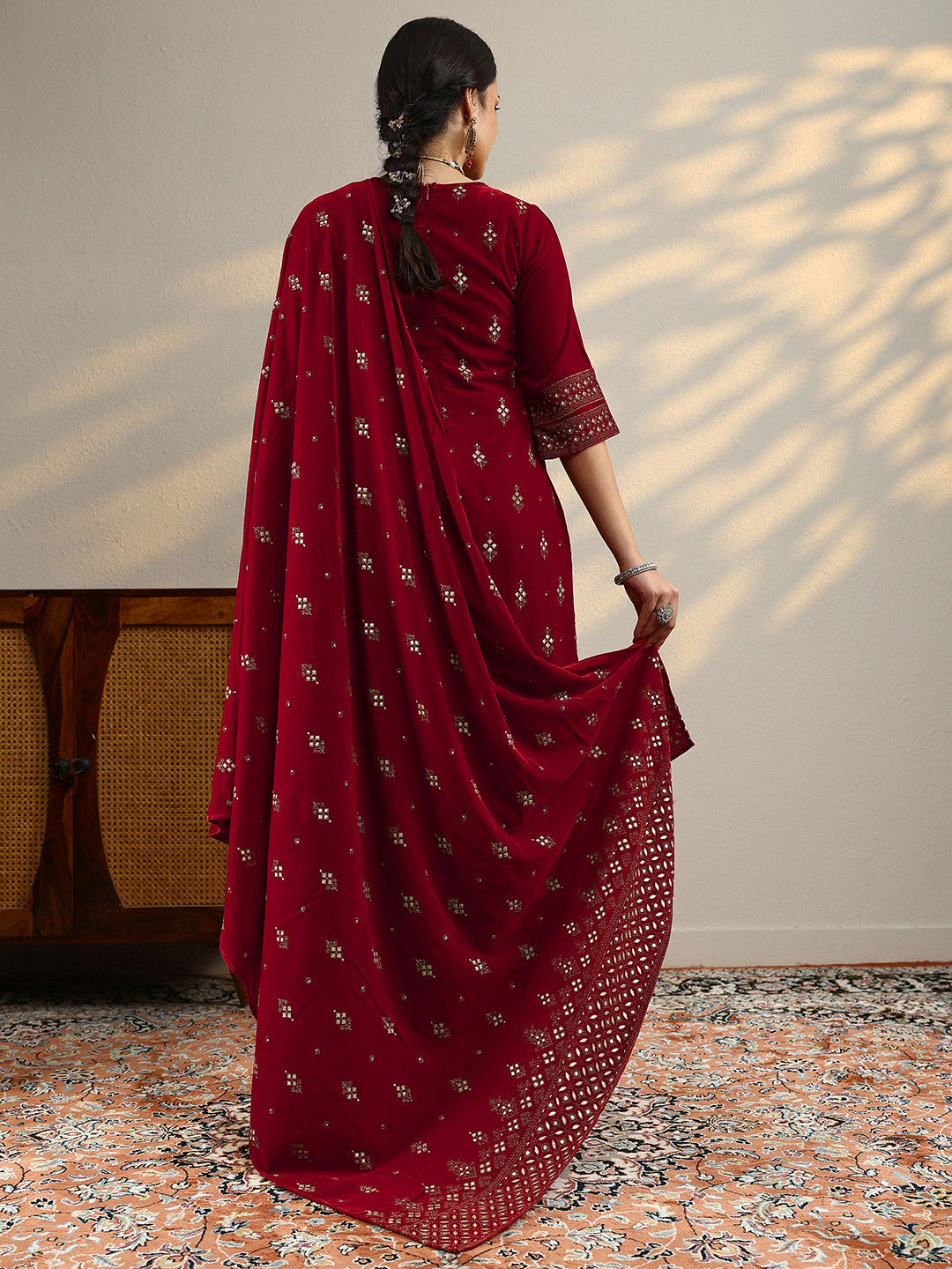 Ethnic Motifs Embroidered Straight Mirror Work Velvet Kurta with Salwar & Dupatta