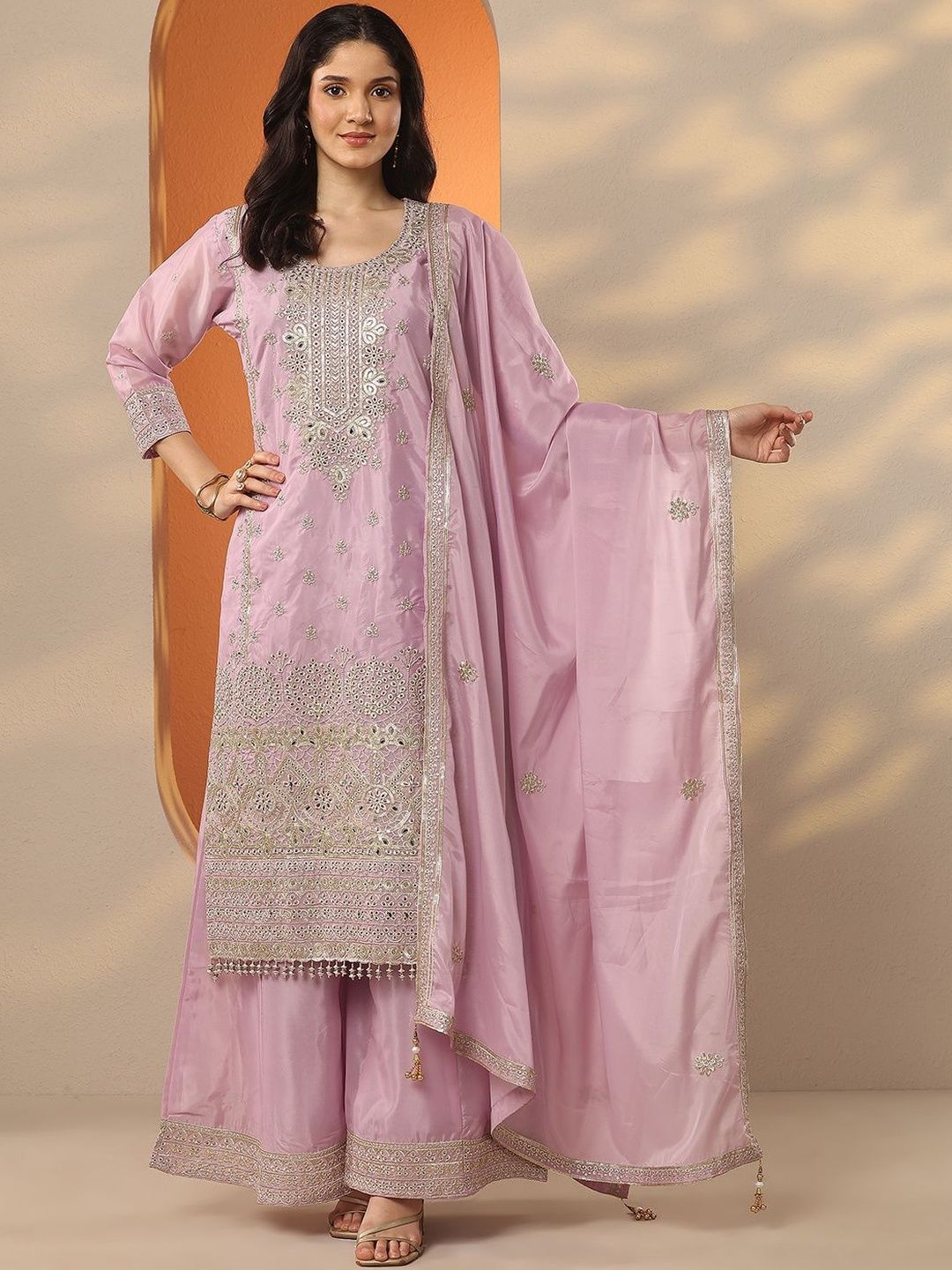 Dhiyona LL Ethnic Motifs Embroidered Organza Straight Kurta With Palazzos & Dupatta