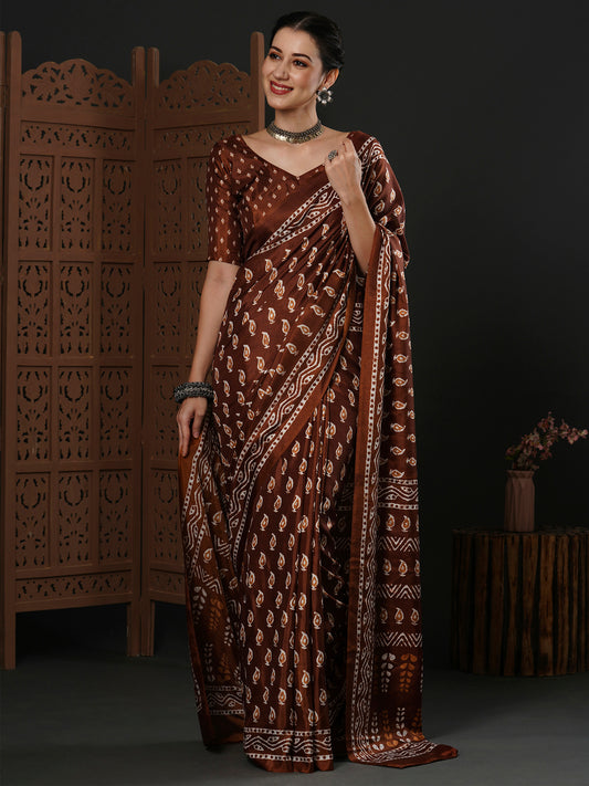 Women's Dola Silk Brown Printed Designer Saree With Blouse Piece