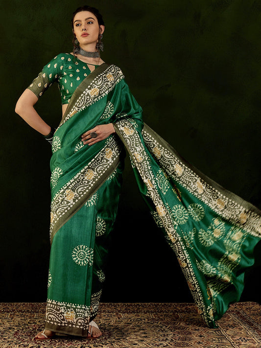 Women's Dola Silk Teal green Printed Designer Saree With Blouse Piece