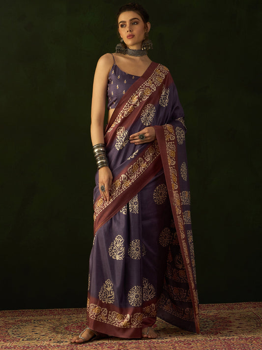 Women's Dola Silk Purple Printed Designer Saree With Blouse Piece