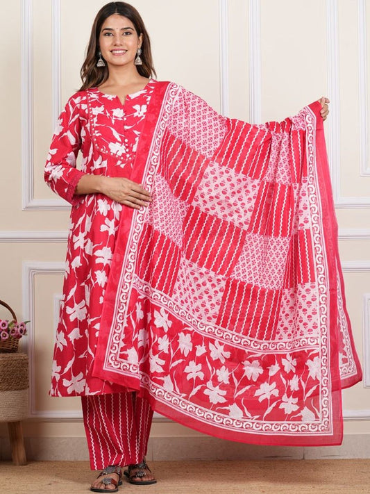 Dhiyona KL Floral Printed Cotton Kurta With Trousers & Dupatta