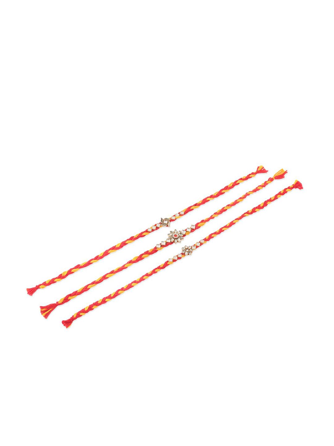 Dhiyona Men Set Of 3 Red & Yellow Kundan Studded Floral Design Thread Rakhi With Roli Chawal