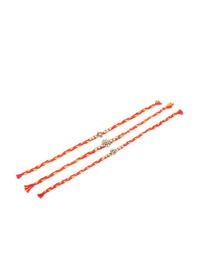 Dhiyona Men Set Of 3 Red & Yellow Kundan Studded Floral Design Thread Rakhi With Roli Chawal