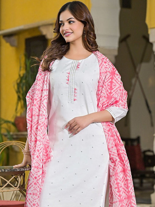 Dhiyona KL Ethnic Motifs Embroidered Thread Work Straight Kurta With Trousers & Dupatta