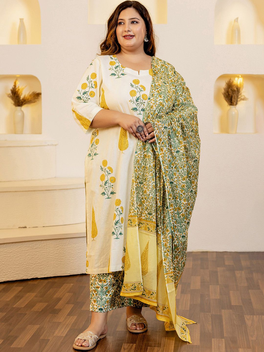Dhiyona Women's Plus Size Floral Printed Sequinned Pure Cotton Kurta with Trouser & Dupatta