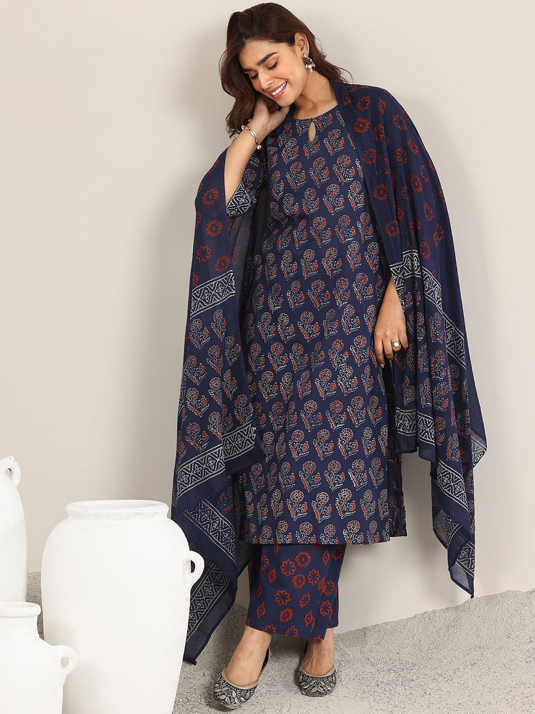 Ajrakh Printed Keyhole Neck Straight Kurta With Palazzos And Dupatta