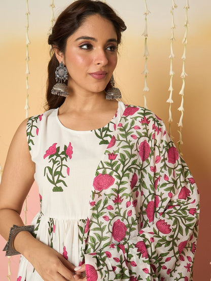 Women Floral Printed Regular Pure Cotton Kurta with Palazzos & With Dupatta