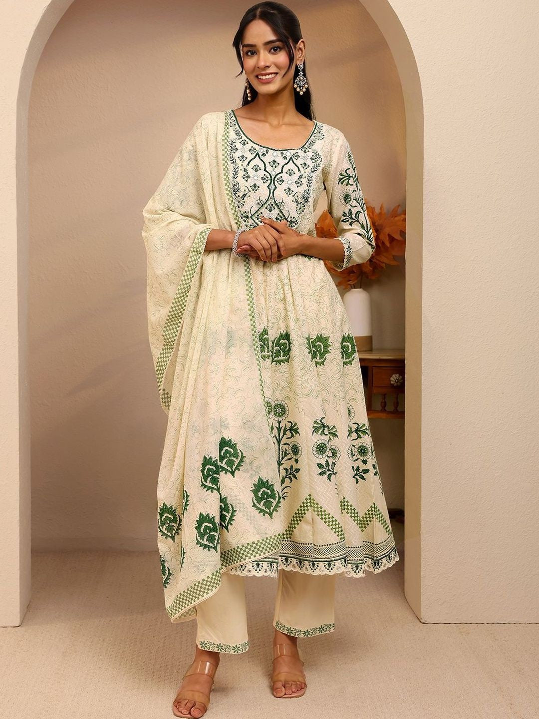 Cream Floral Printed Cotton Anarkali Suit Set