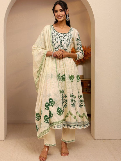 Cream Floral Printed Cotton Anarkali Suit Set