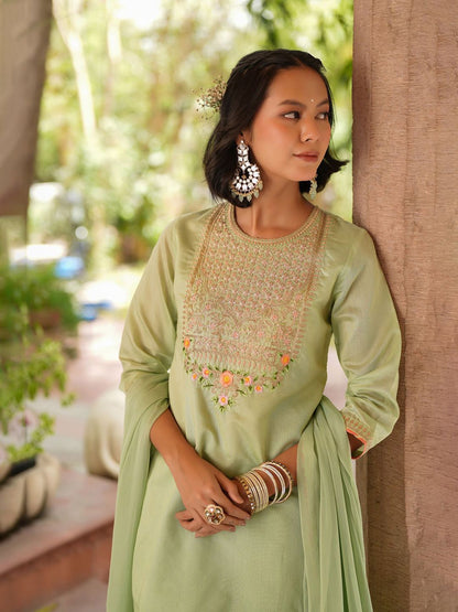 Dhiyona SC Floral Yoke Design Zari Chanderi Silk Straight Kurti With Sharara & Dupatta