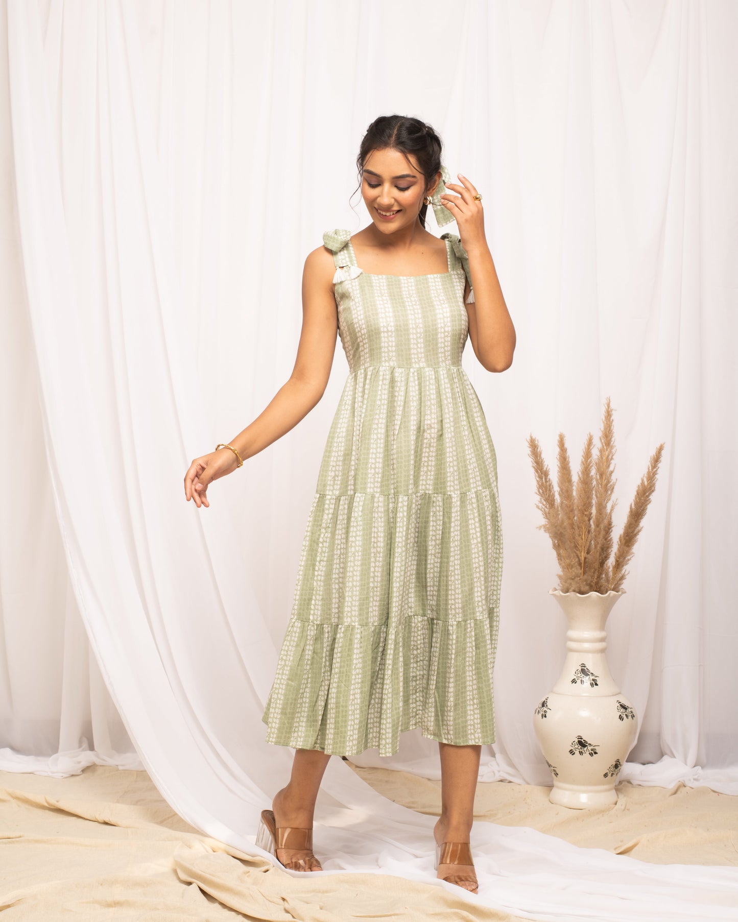 Women's Green Cotton Printed  Dress