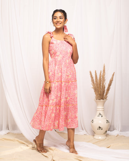 Women's Peach Cotton Floral Printed  Dress