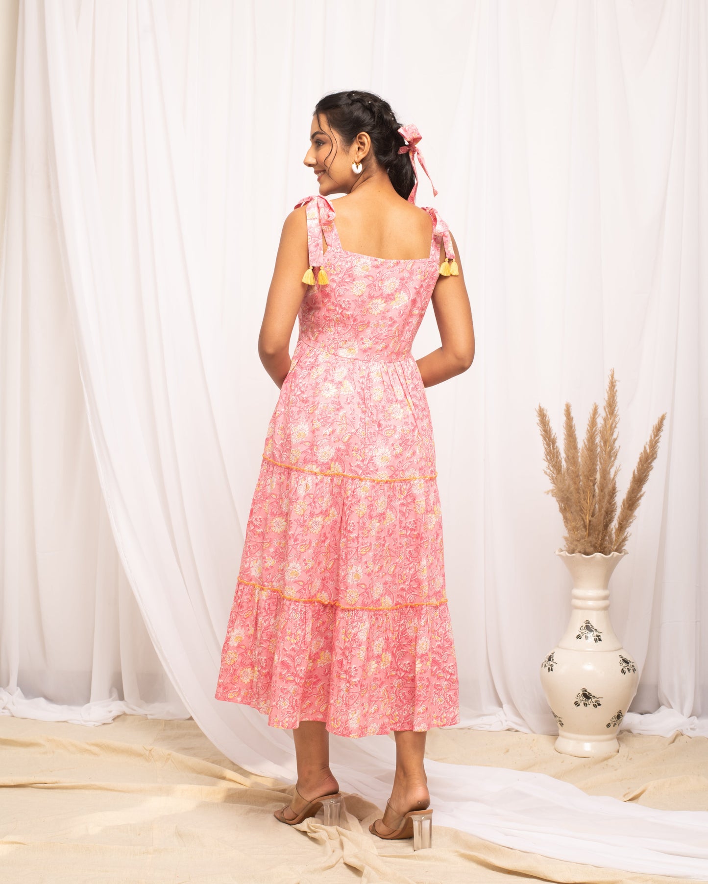 Women's Peach Cotton Floral Printed  Dress