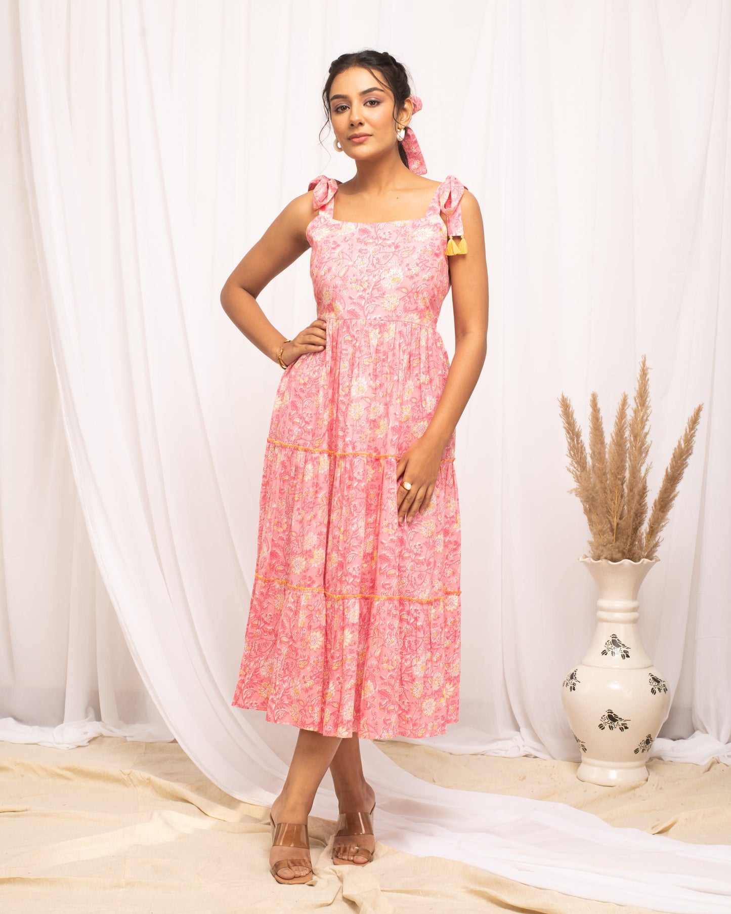 Women's Peach Cotton Floral Printed  Dress