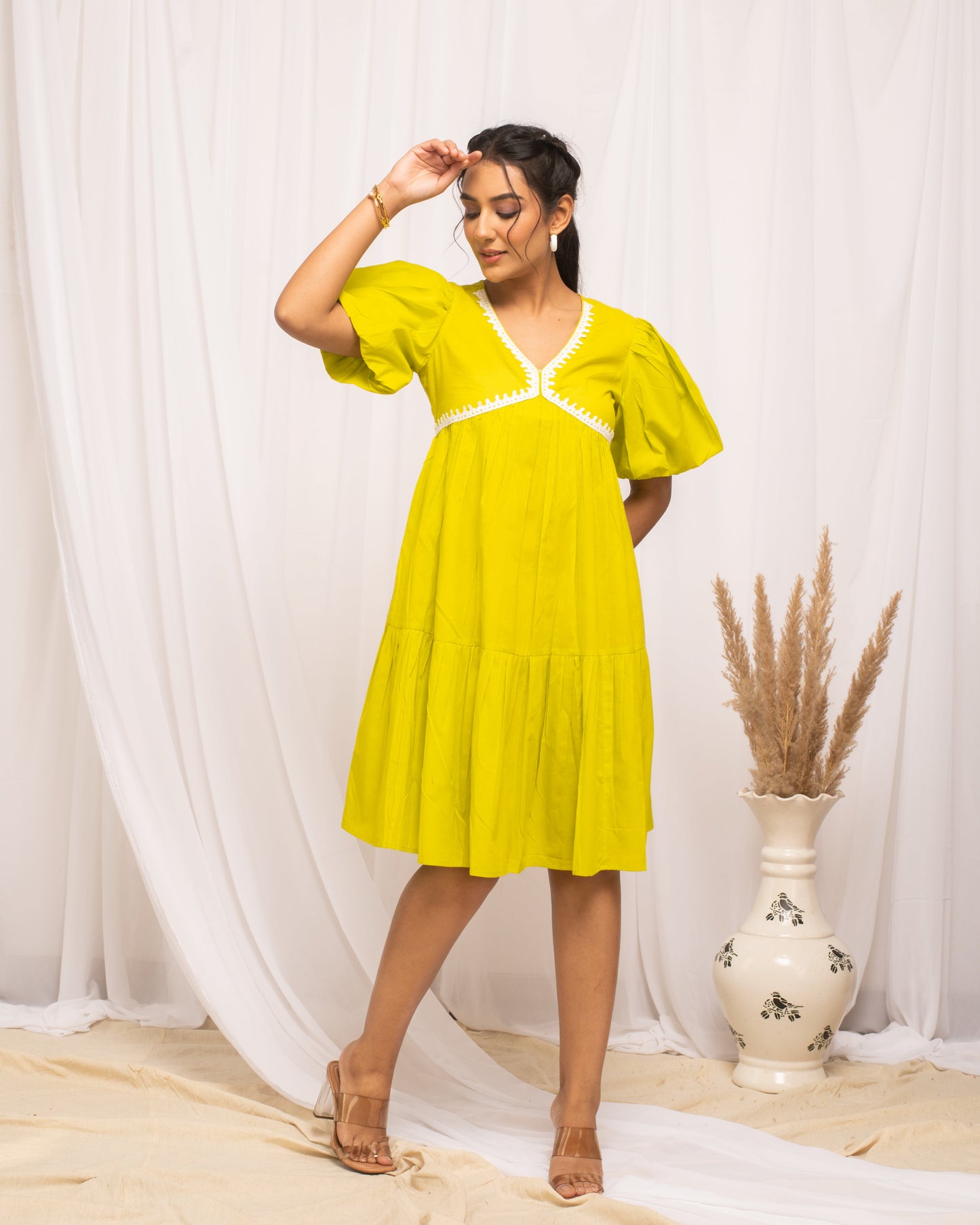 Women's Lemon Yellow Colour Solid Cotton Skater Dress