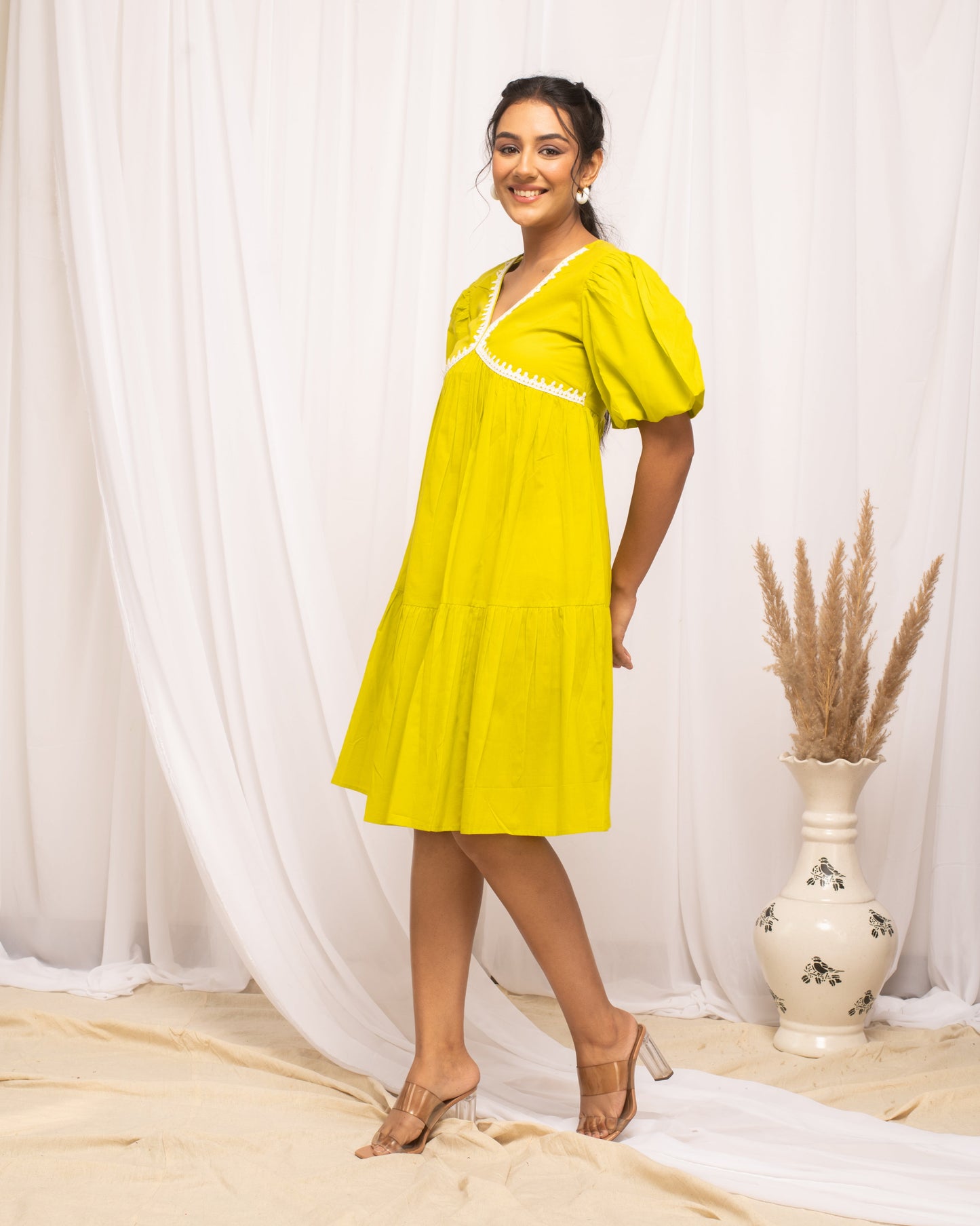 Women's Lemon Yellow Colour Solid Cotton Skater Dress