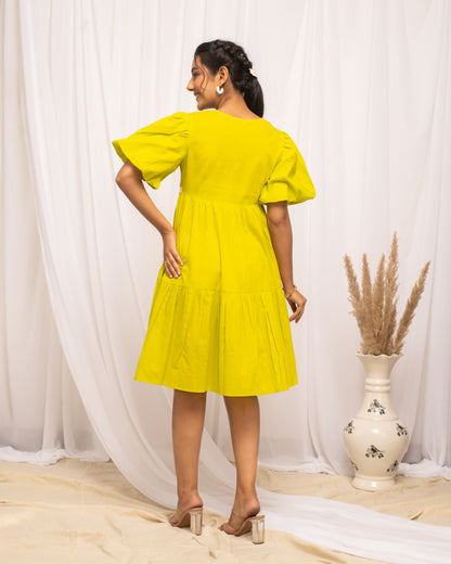 Women's Lemon Yellow Colour Solid Cotton Skater Dress