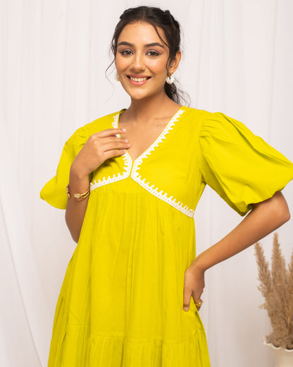 Women's Lemon Yellow Colour Solid Cotton Skater Dress