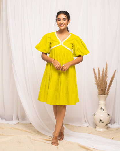 Women's Lemon Yellow Colour Solid Cotton Skater Dress