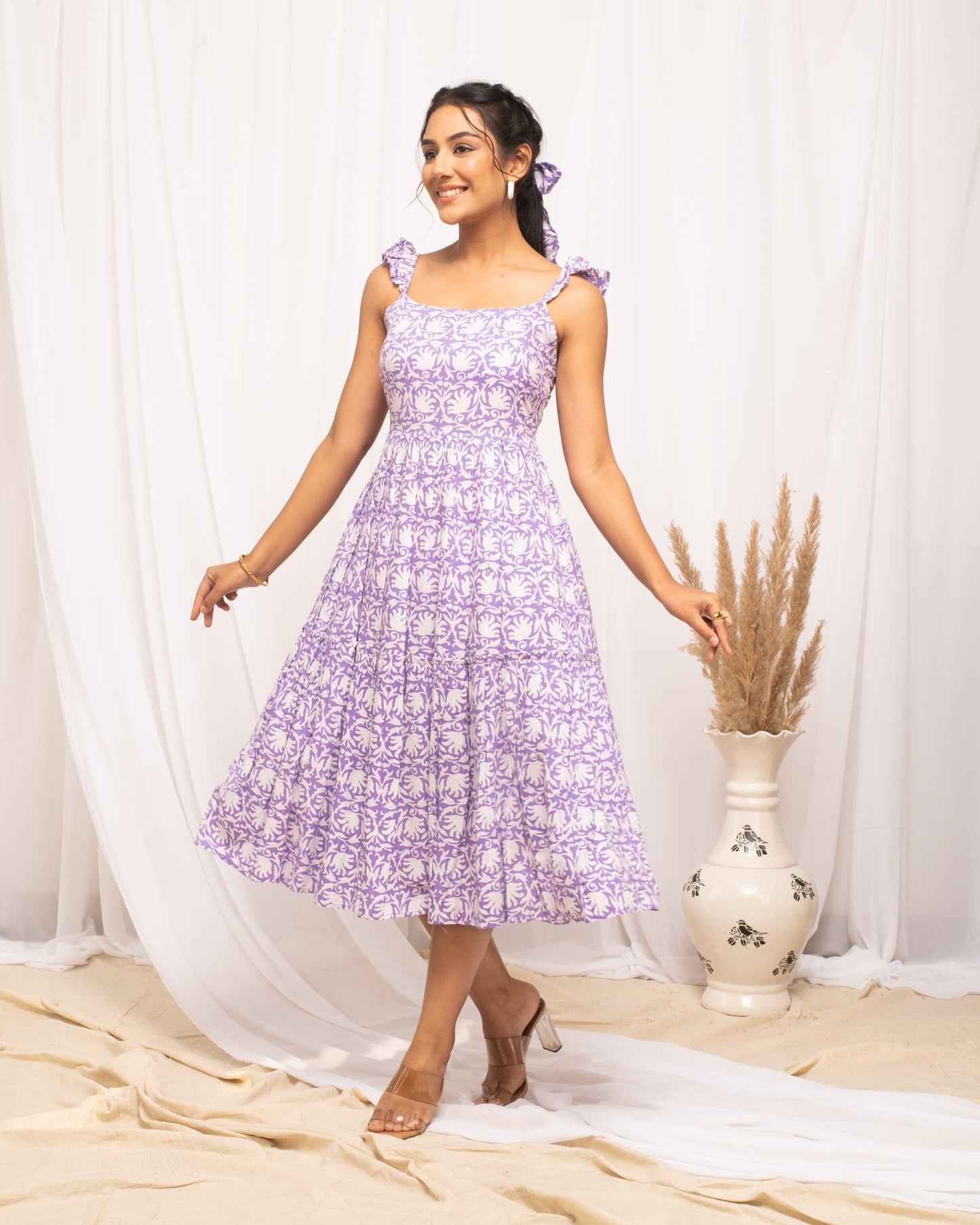 Women's Lavender Cotton Floral Printed  Dress