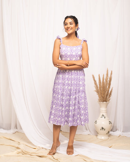 Women's Lavender Cotton Floral Printed  Dress