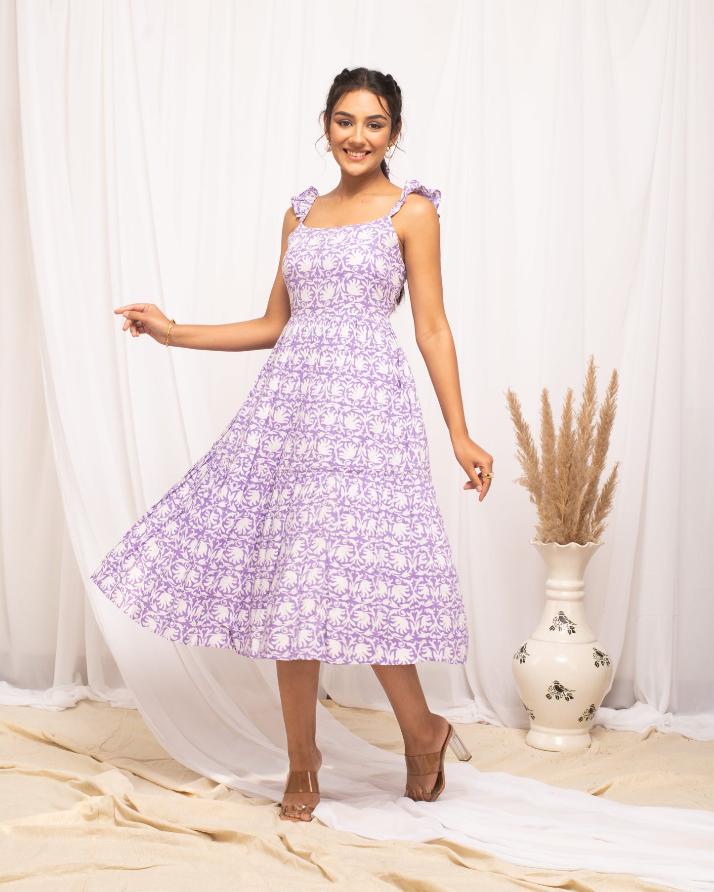 Women's Lavender Cotton Floral Printed  Dress