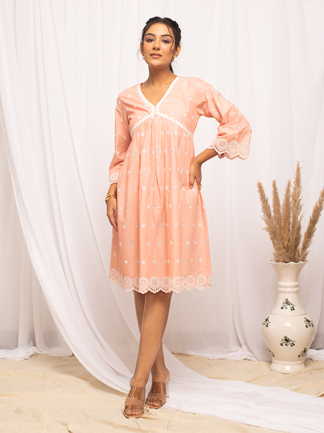 Dhiyona FL Women's Peach Schiffli Work Cotton Skater Dress