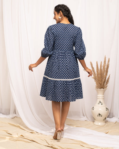 Women's Blue Cotton Floral Printed  Dress