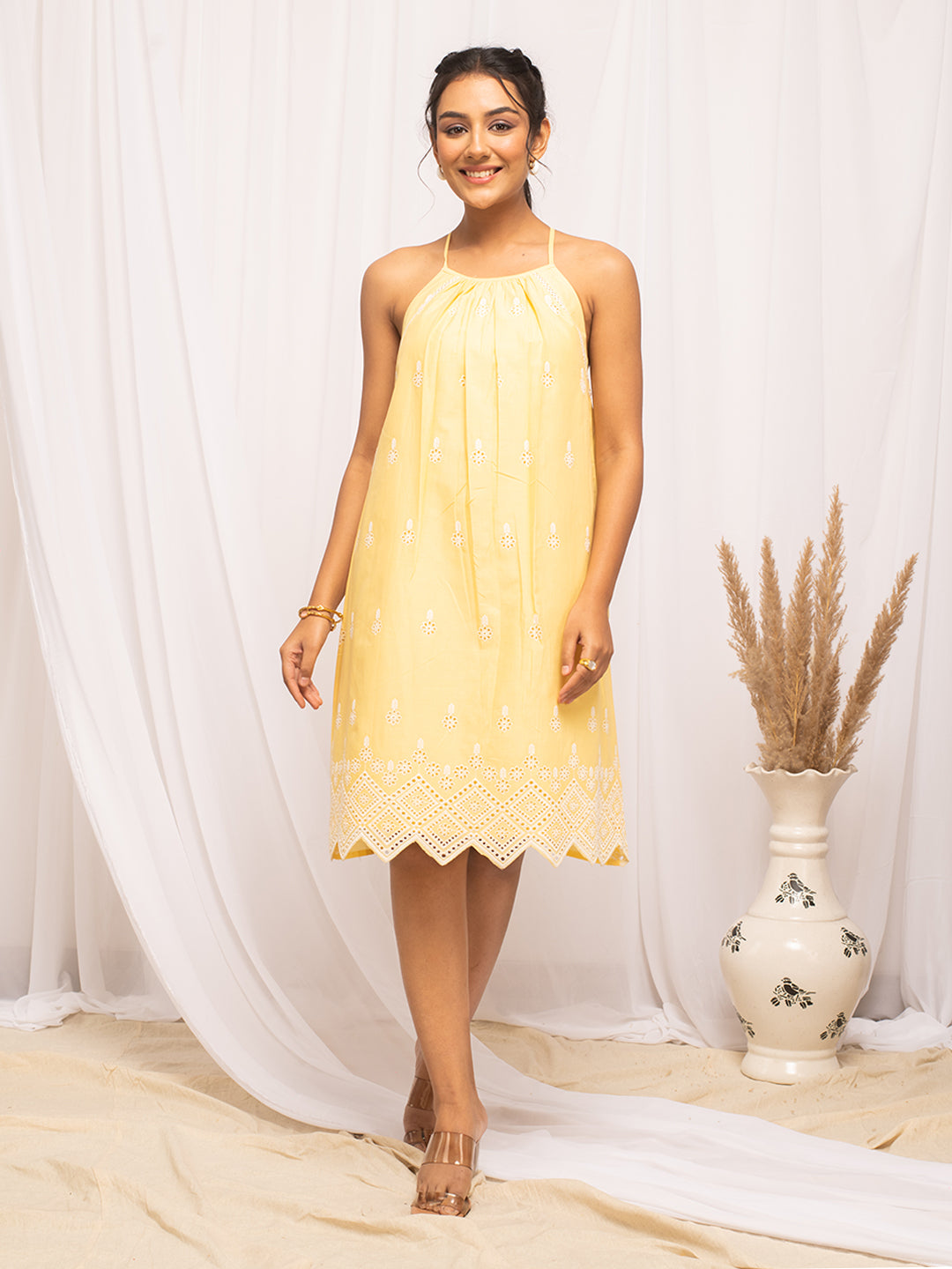 Dhiyona FL Women's Yellow Schiffli Work Cotton Skater Dress