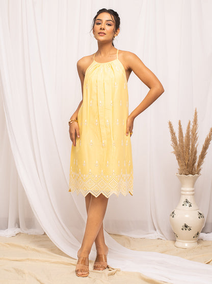 Dhiyona FL Women's Yellow Schiffli Work Cotton Skater Dress