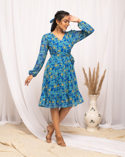 Women's Sky Blue Georgette Floral Printed  Dress