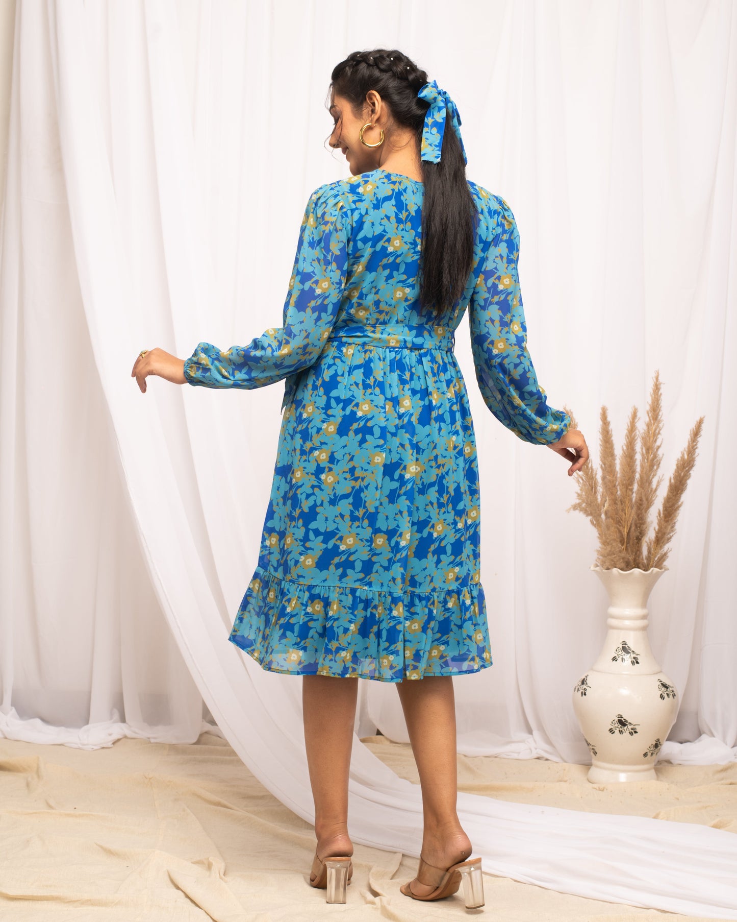 Women's Sky Blue Georgette Floral Printed  Dress